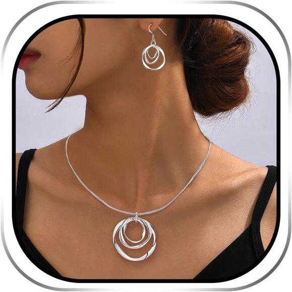 Women's 925 Plated Hypoallergeni 3 Circles Silver Hoop Earring and Necklace Set - Picture 1 of 7